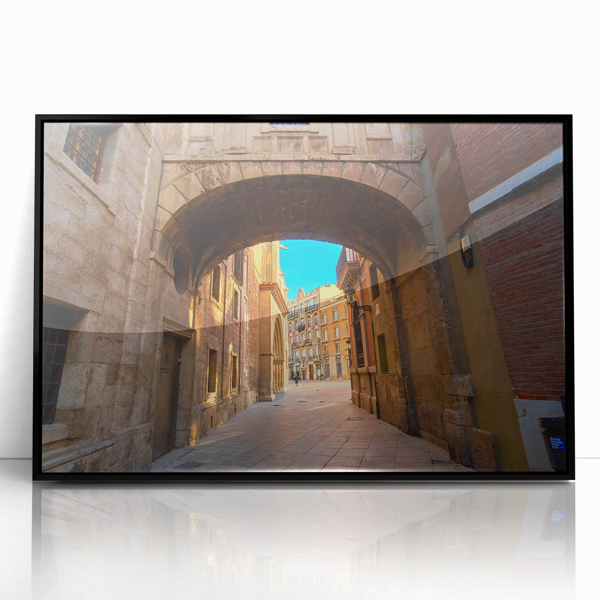 Large abstract wall art depicting a vibrant, colorful streetscape of Valencia, Spain, printed on framed acrylic.