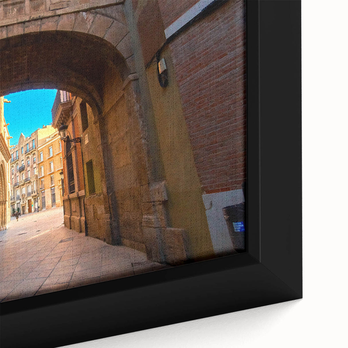Extra large black wall art featuring a textured, colorful depiction of Valencia scenery on framed canvas.