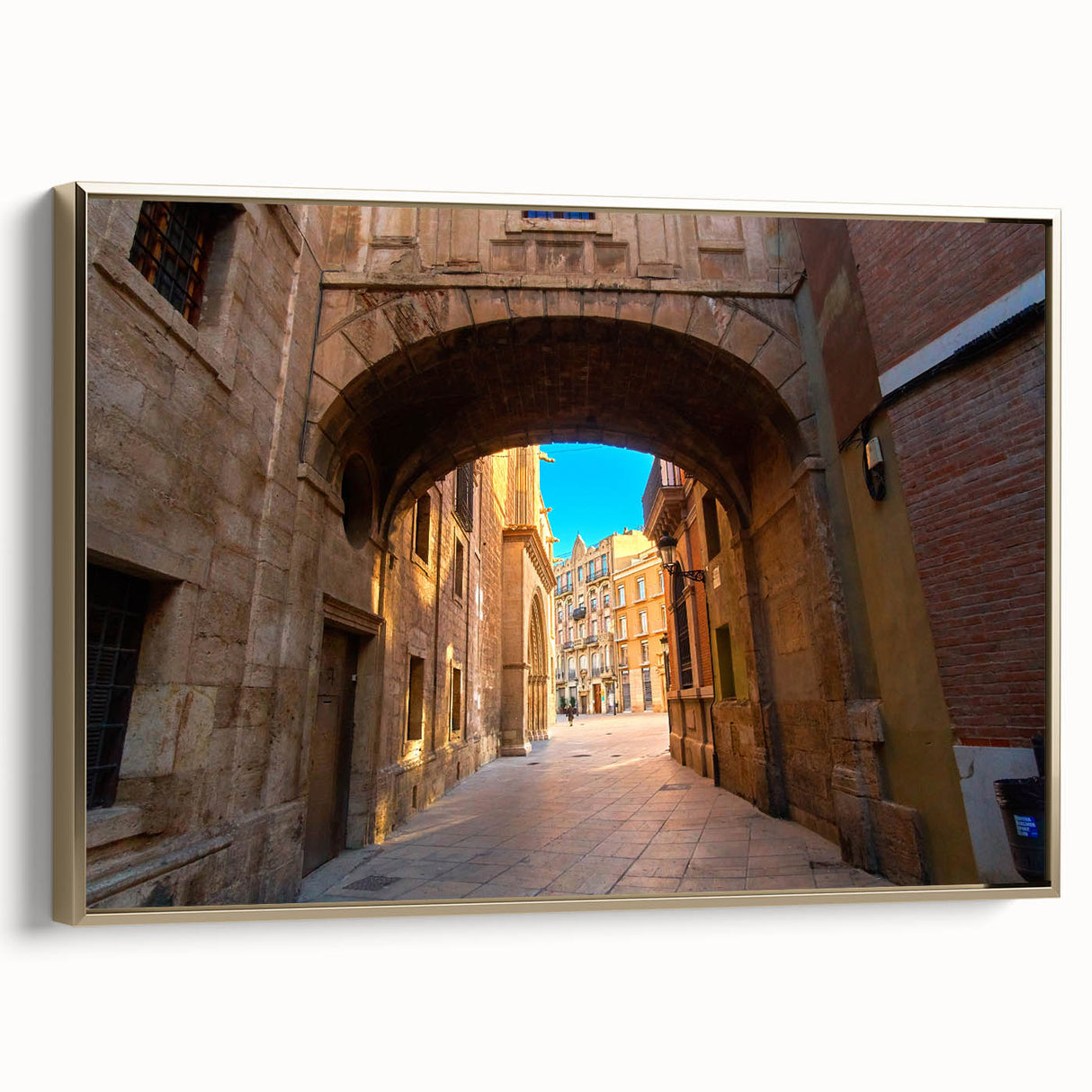 Vintage poster art of Valencia landscape on framed canvas, featuring black and gold tones, ideal for bedroom wall decor.