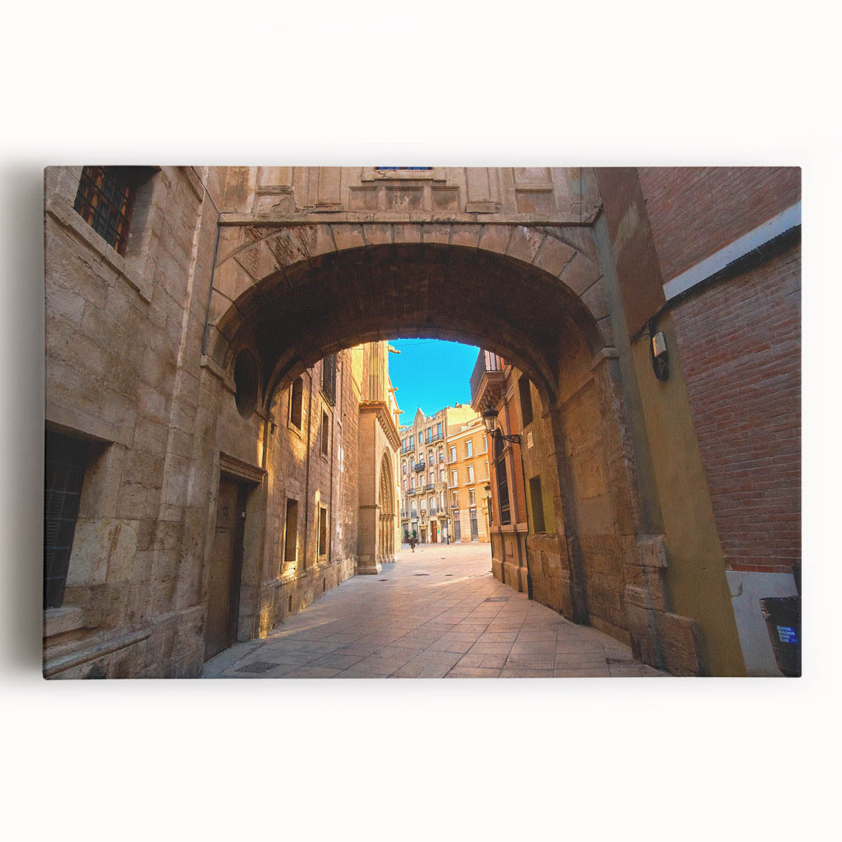 Large black and white stretched canvas of Valencia, featuring architectural details, ideal for kitchen art.