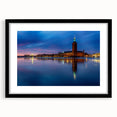 Extra large colorful abstract art print of Stockholm scenery, in black frame with mat, ideal for living room decor.