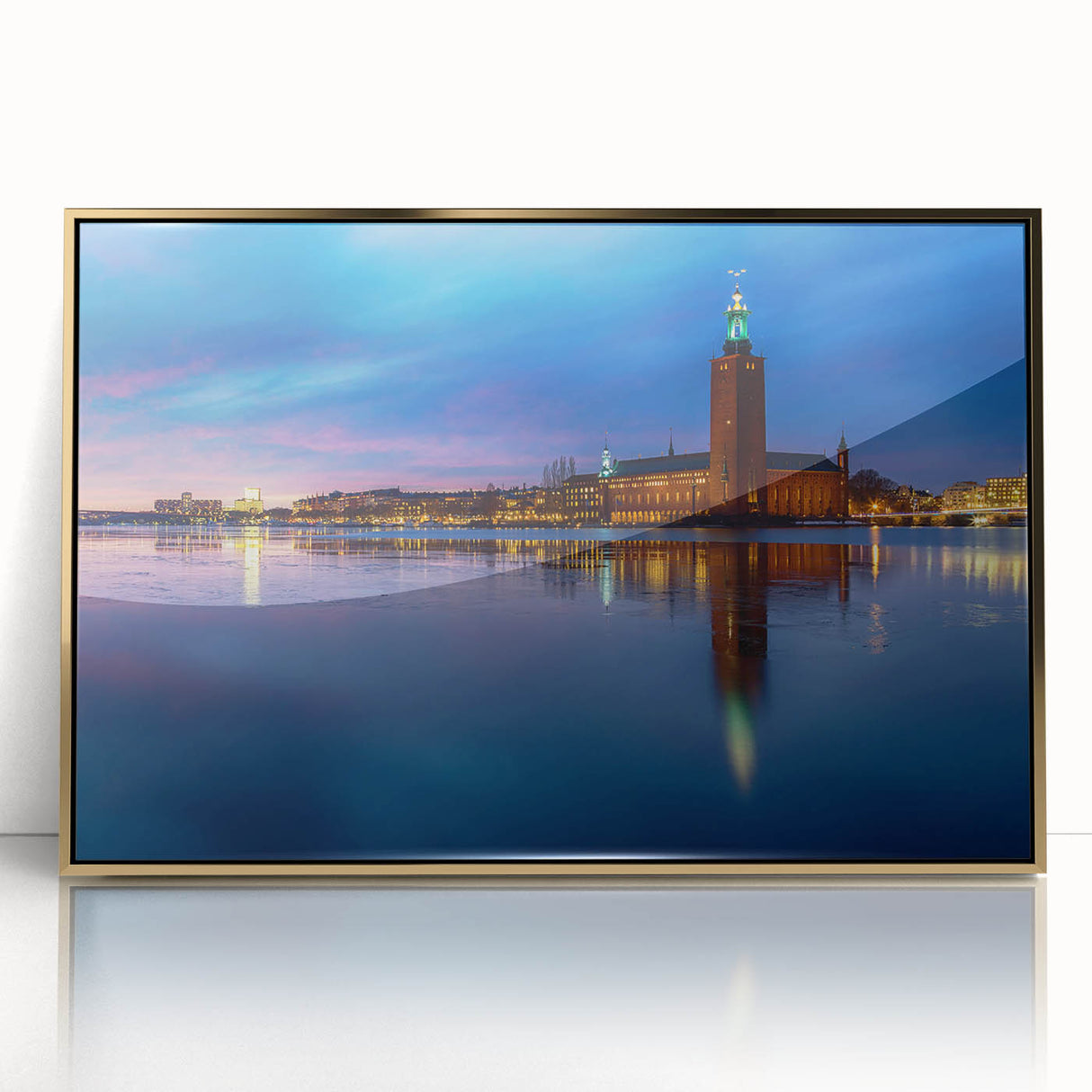 Large art print of Stockholm scenery in muted gold and blue tones on framed acrylic, suitable for modern nursery decor.