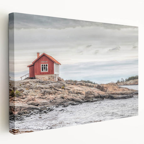Large art depicting a serene Swedish landscape on stretched canvas, in soft blue and green tones.