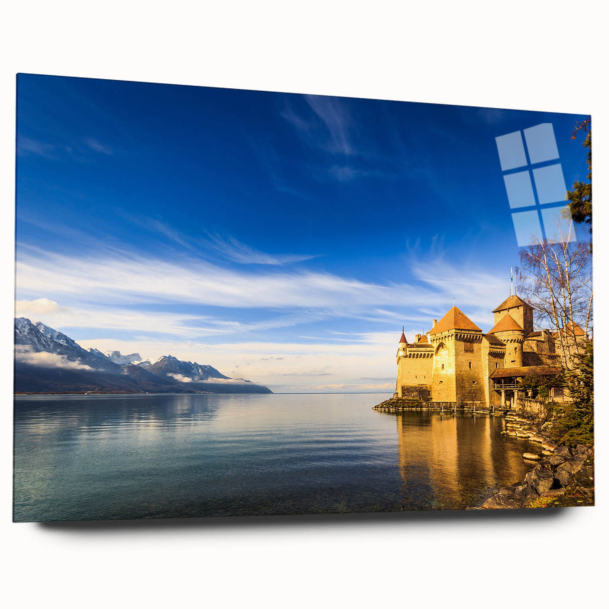 Large abstract depiction of Geneva on acrylic glass, using muted blue and gray tones, ideal for bedroom or dining room art.