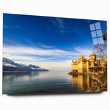 Large abstract depiction of Geneva on acrylic glass, using muted blue and gray tones, ideal for bedroom or dining room art.
