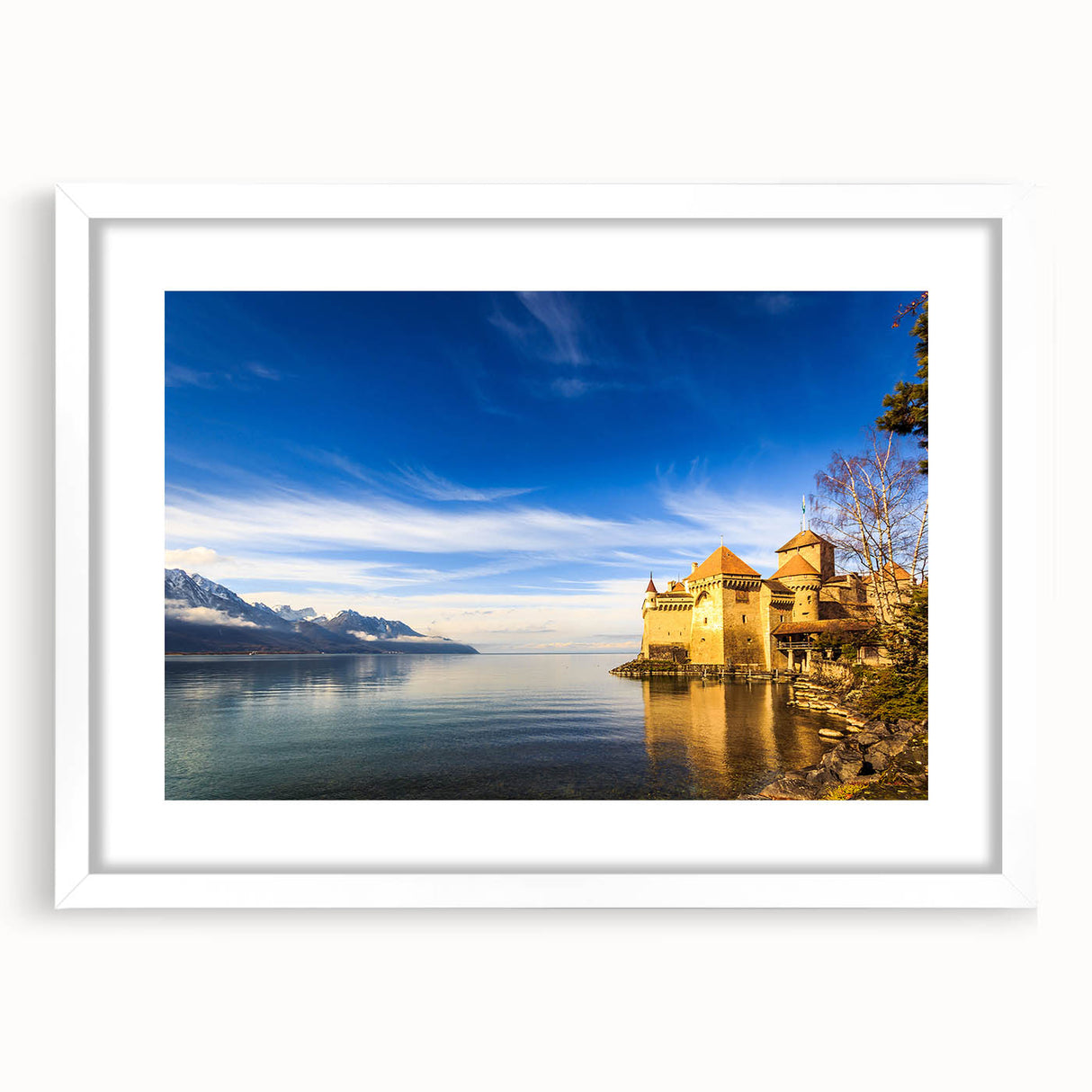 Abstract art print of Geneva scenery in muted blue and gray tones on a framed white mat, ideal for dining room decor.