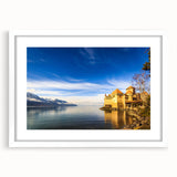 Abstract art print of Geneva scenery in muted blue and gray tones on a framed white mat, ideal for dining room decor.
