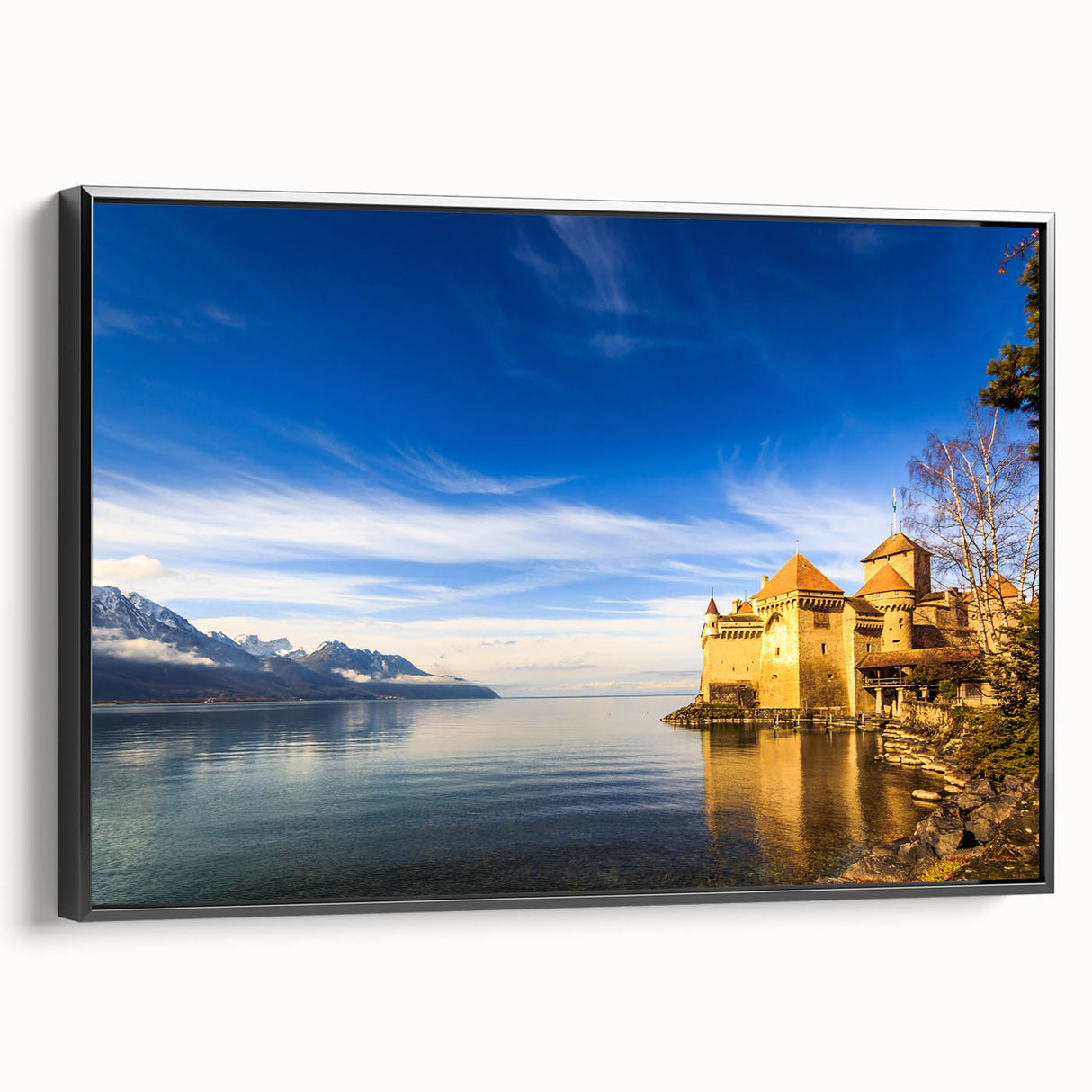 Black and white vintage poster art of Geneva landscape on framed canvas, ideal for bedroom wall decor.