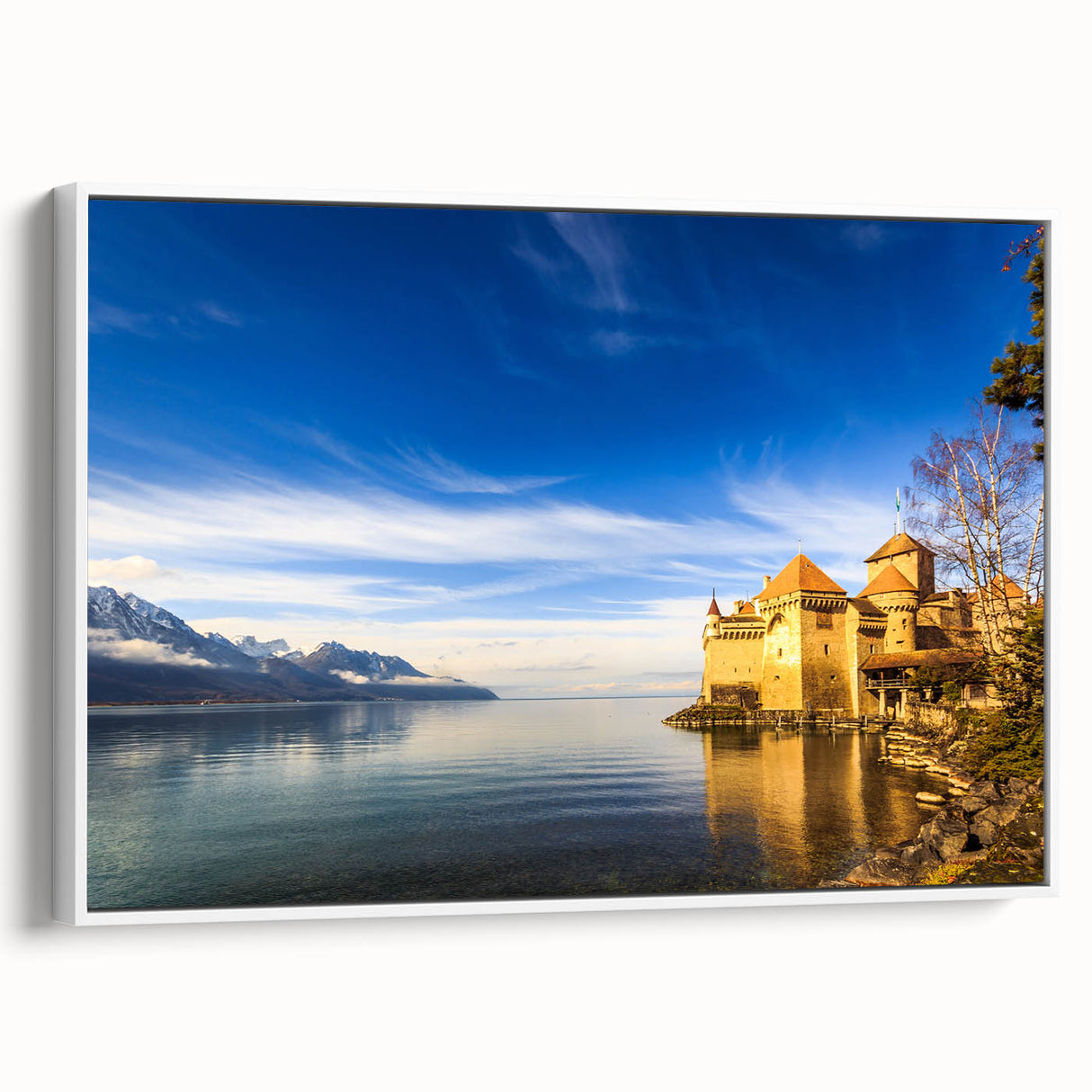Vintage poster art of Geneva with colorful accents on a large framed canvas, ideal for living room decor.