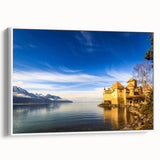 Vintage poster art of Geneva with colorful accents on a large framed canvas, ideal for living room decor.