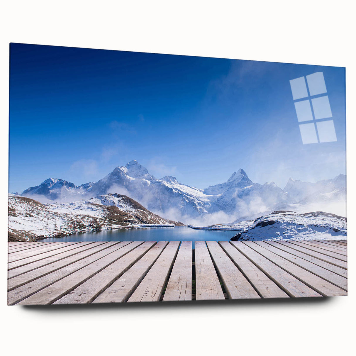 Large abstract wall art print of a Swiss landscape in muted green and blue tones on acrylic glass.