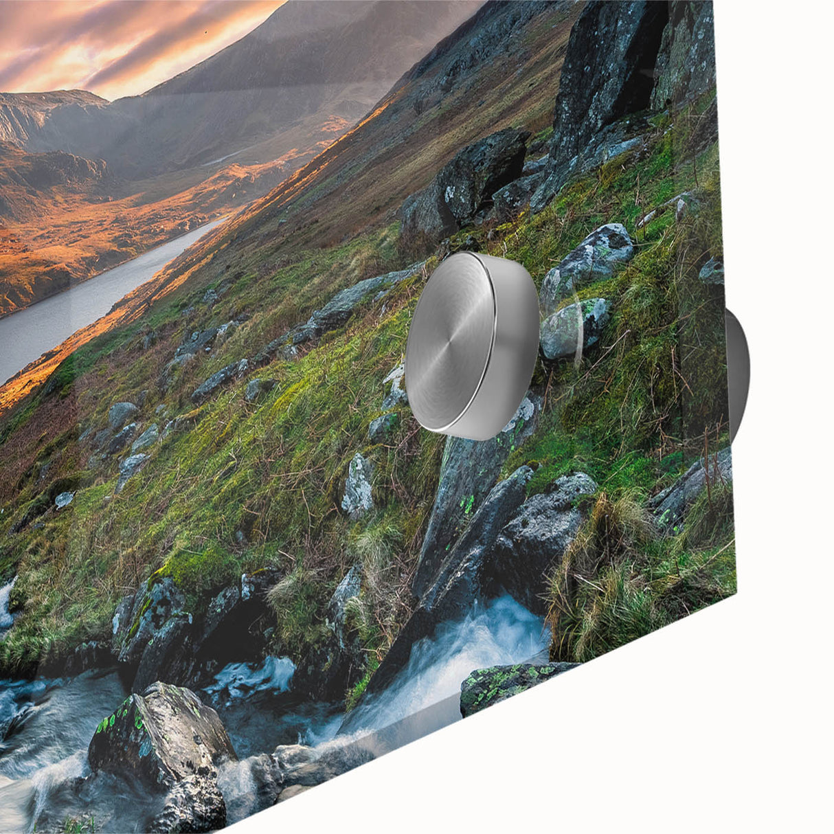 Mid-century modernist acrylic print depicting a Welsh landscape in muted earth tones, ideal for dining room art.