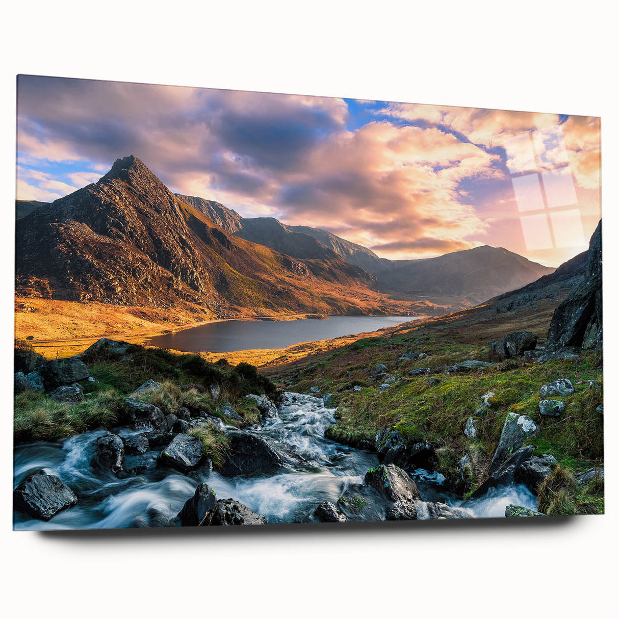 Large abstract depiction of a Welsh landscape in muted green and blue tones on acrylic glass.