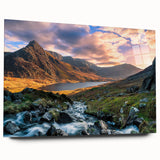 Large abstract depiction of a Welsh landscape in muted green and blue tones on acrylic glass.