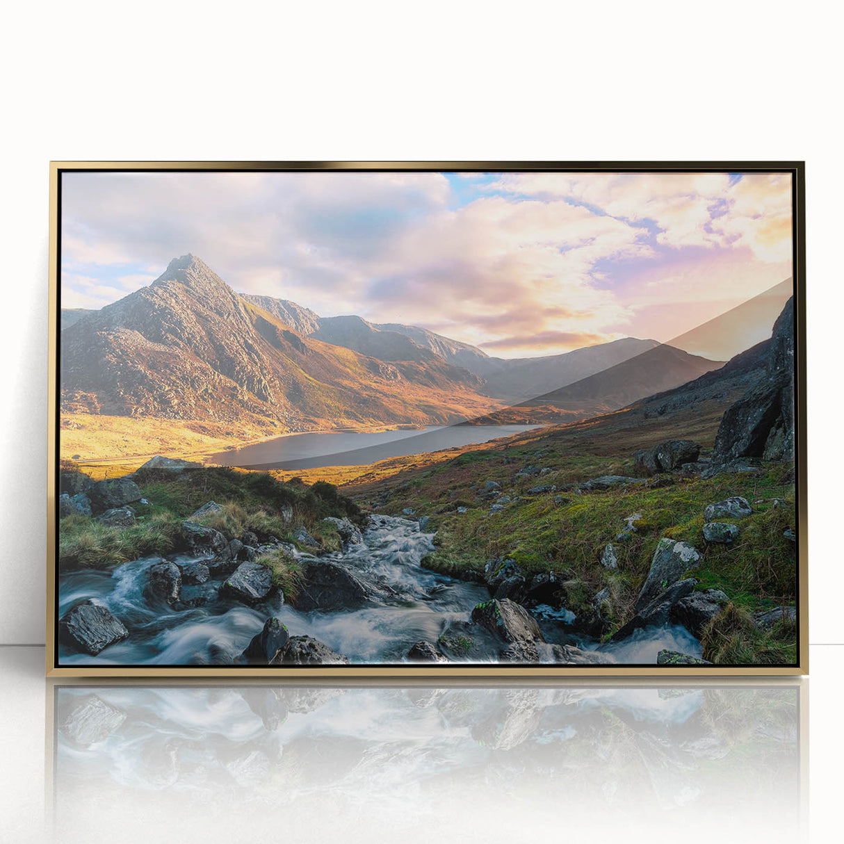 Framed acrylic print of a European landscape in Wales with muted earth tones, ideal for modern art wall decor.