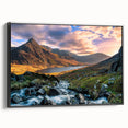 Framed canvas of a black and white vintage landscape painting depicting Welsh scenery, ideal for bedroom decor.