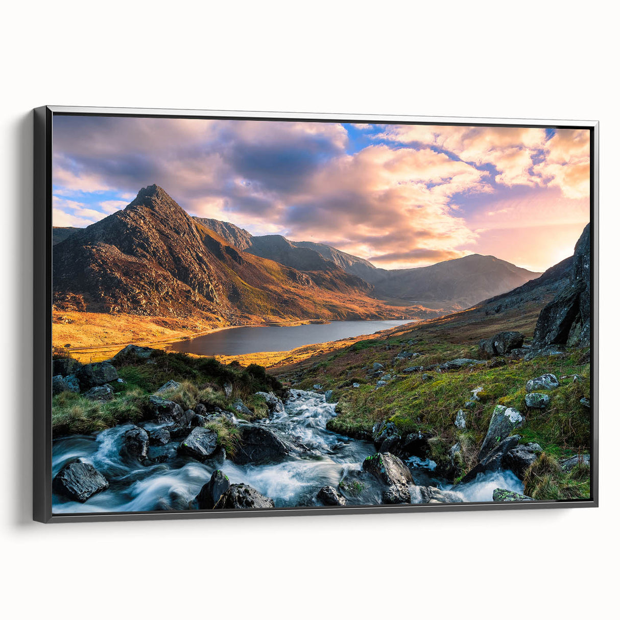Framed canvas of a black and white vintage landscape painting depicting Welsh scenery, ideal for bedroom decor.