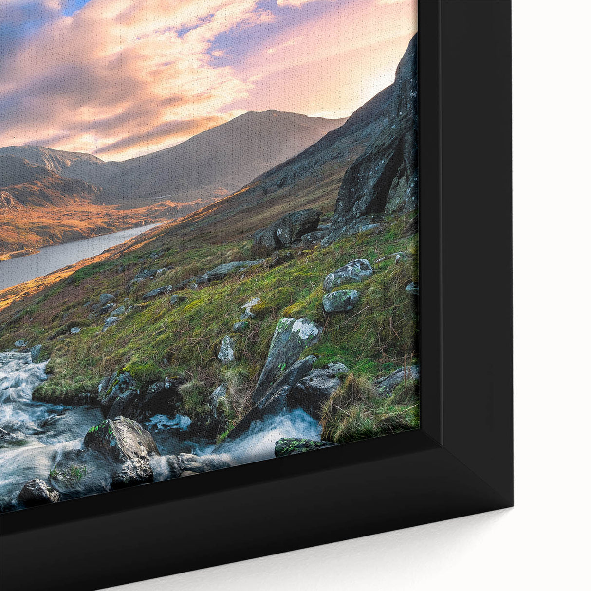 Extra large framed canvas featuring a textured depiction of a Welsh landscape in black with colorful accents.