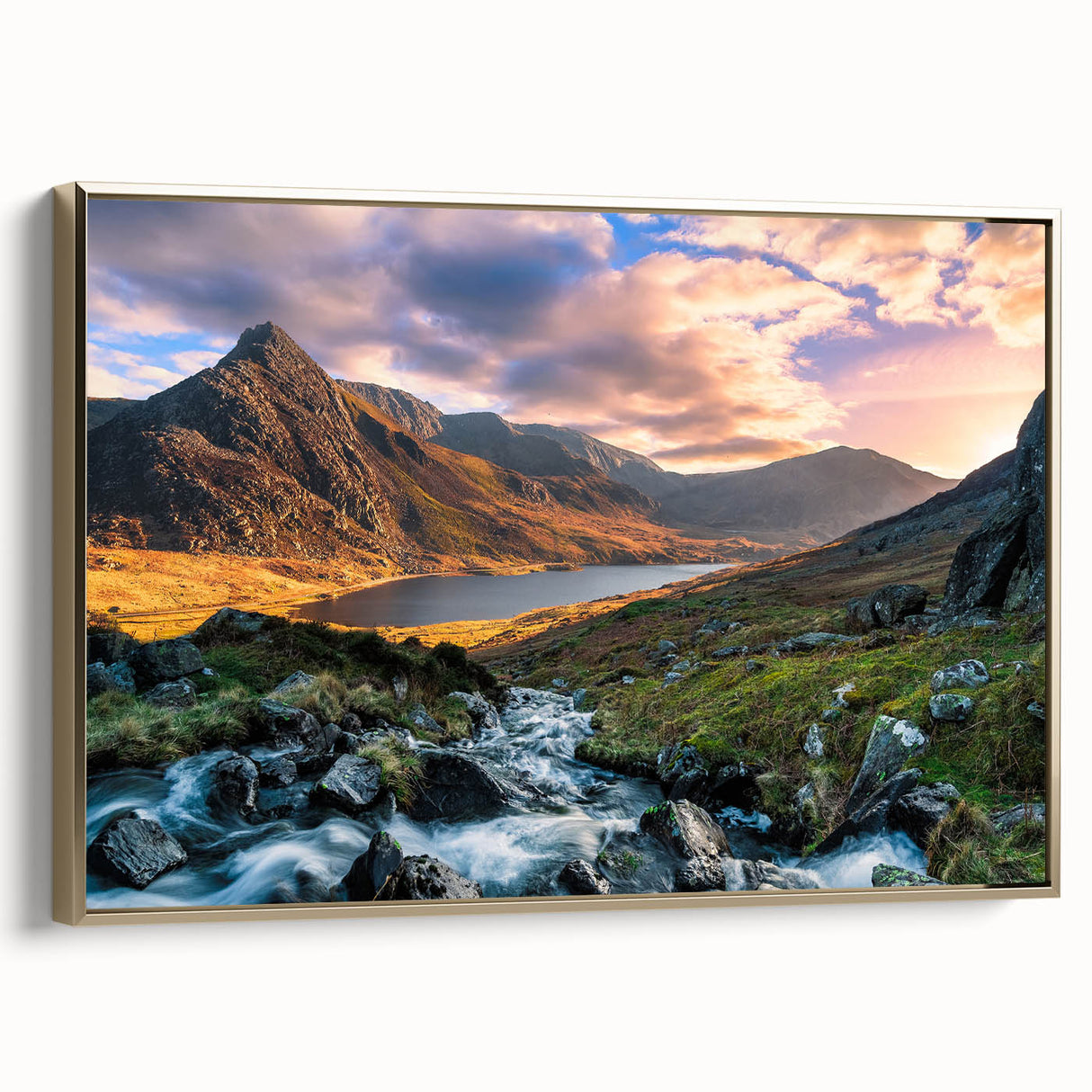 Framed canvas depicting a vintage-style Welsh landscape in muted earth tones, ideal for bedroom wall art.