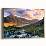 Framed canvas depicting a vintage-style Welsh landscape in muted earth tones, ideal for bedroom wall art.