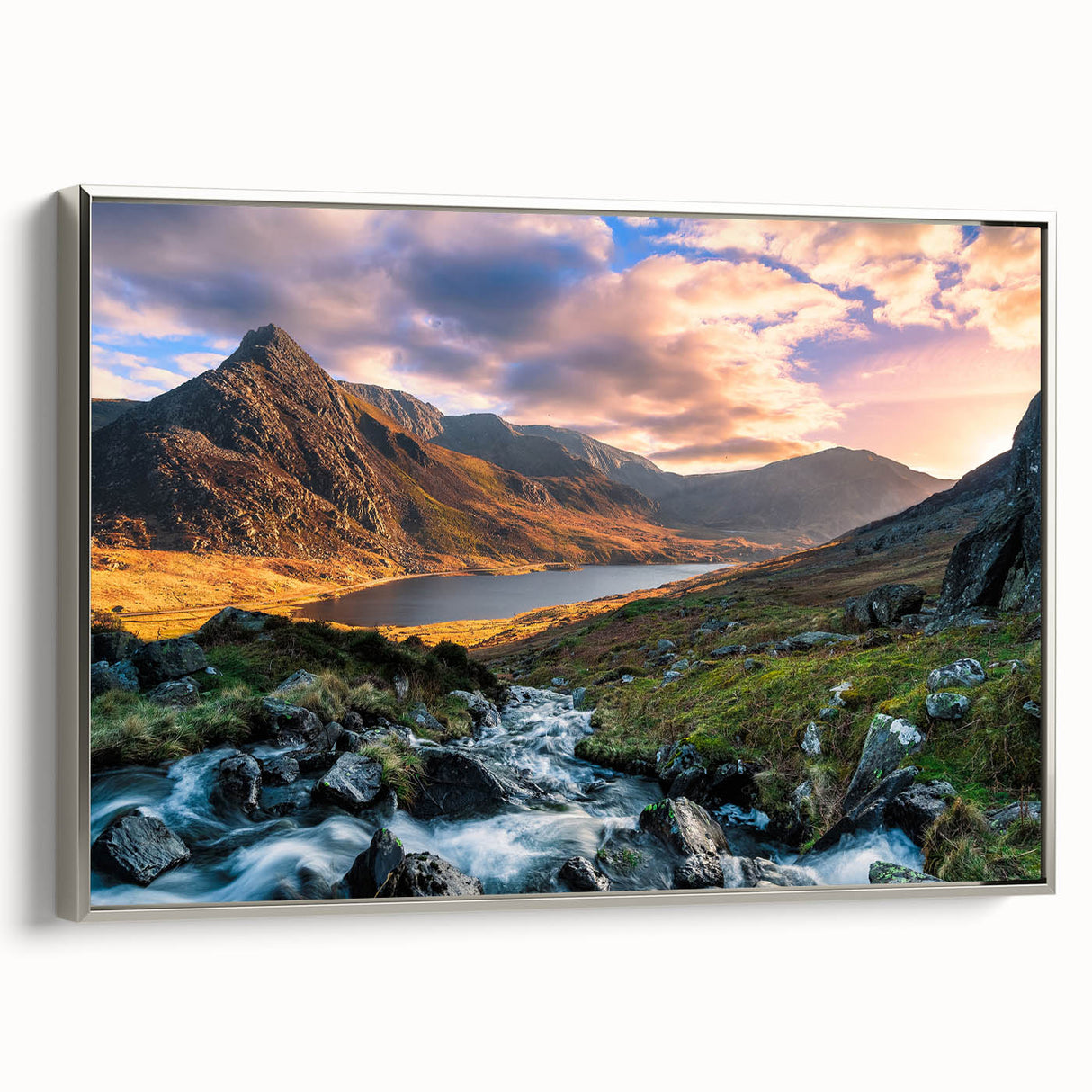 Framed canvas depicting a vintage-style Welsh landscape, with muted earth tones, ideal for living room decor.