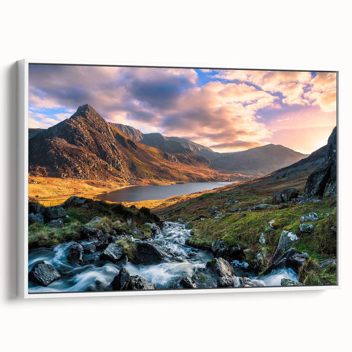 Vintage poster art of a scenic Wales landscape on framed canvas, featuring vibrant colors, ideal for living room decor.