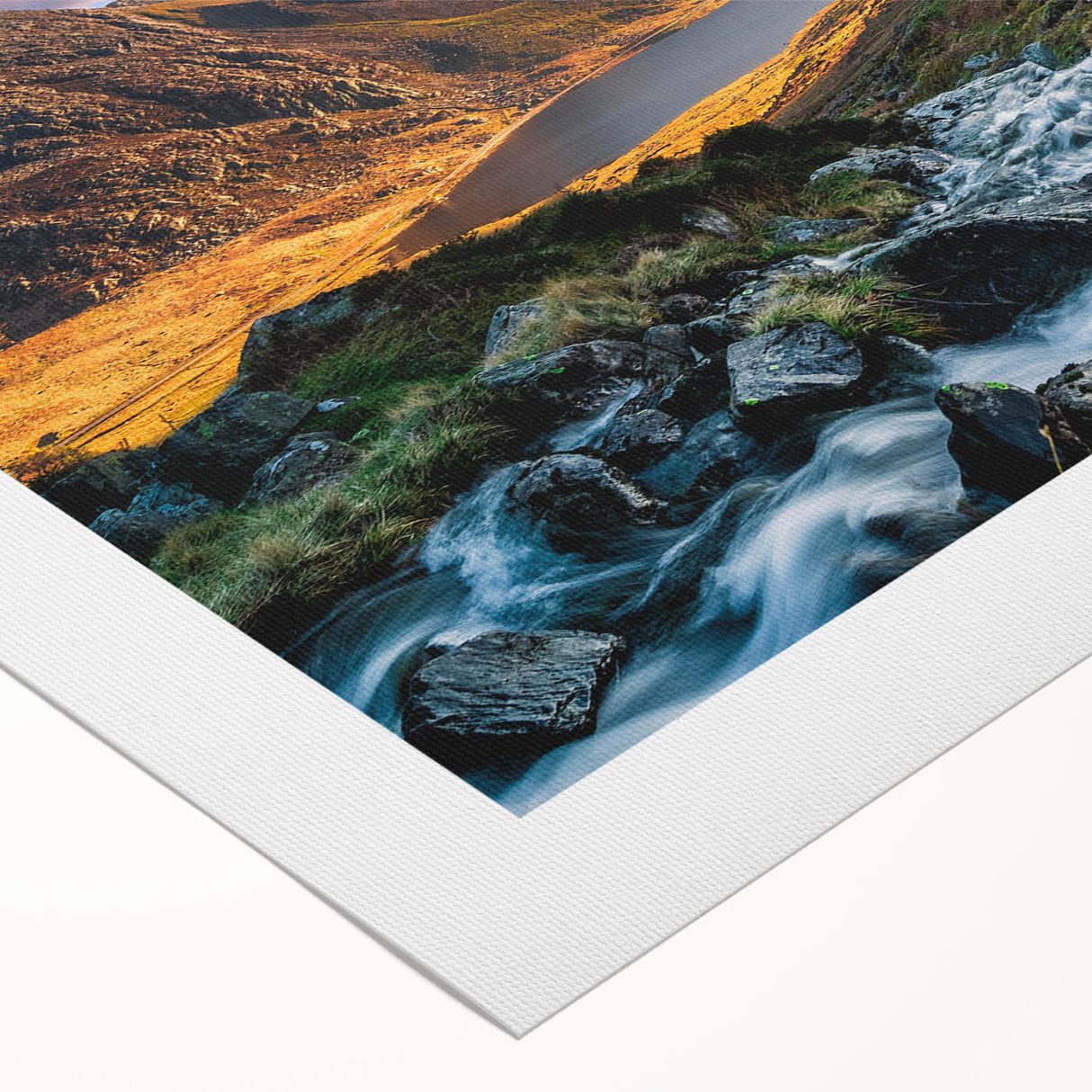 Art deco poster of a scenic Welsh landscape in muted green and blue tones on rolled canvas, suitable for dining room decor.