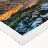 Art deco poster of a scenic Welsh landscape in muted green and blue tones on rolled canvas, suitable for dining room decor.