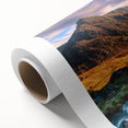 Art deco poster of a serene Welsh landscape in soft pastel shades on rolled canvas, ideal for nursery wall art.