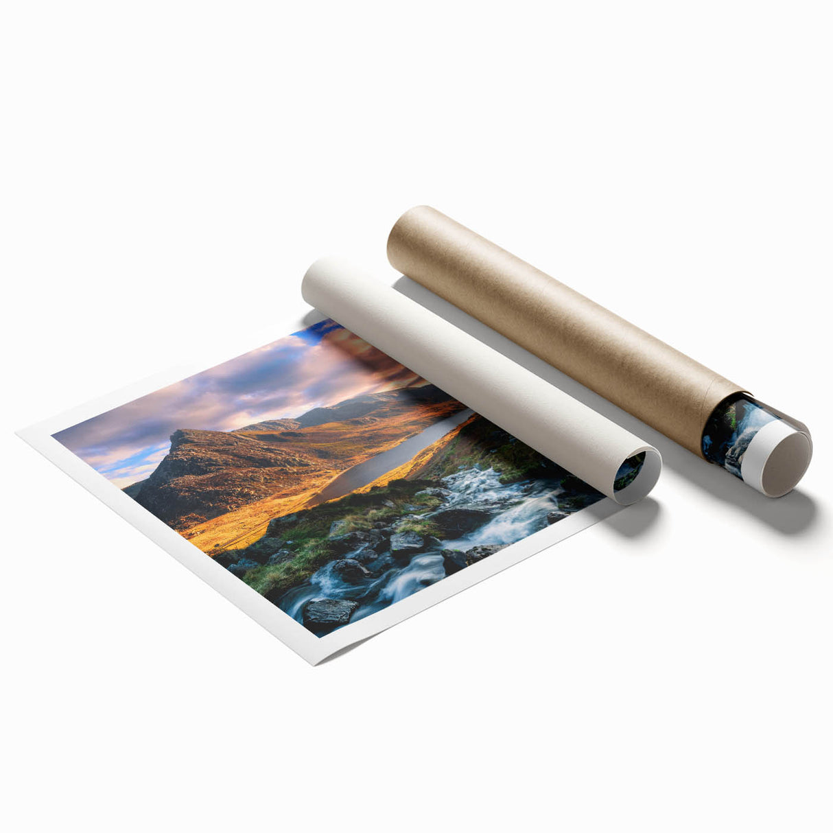 Extra large rolled print of a Welsh landscape with lush greenery and floral elements, ideal for classy bathroom wall art.