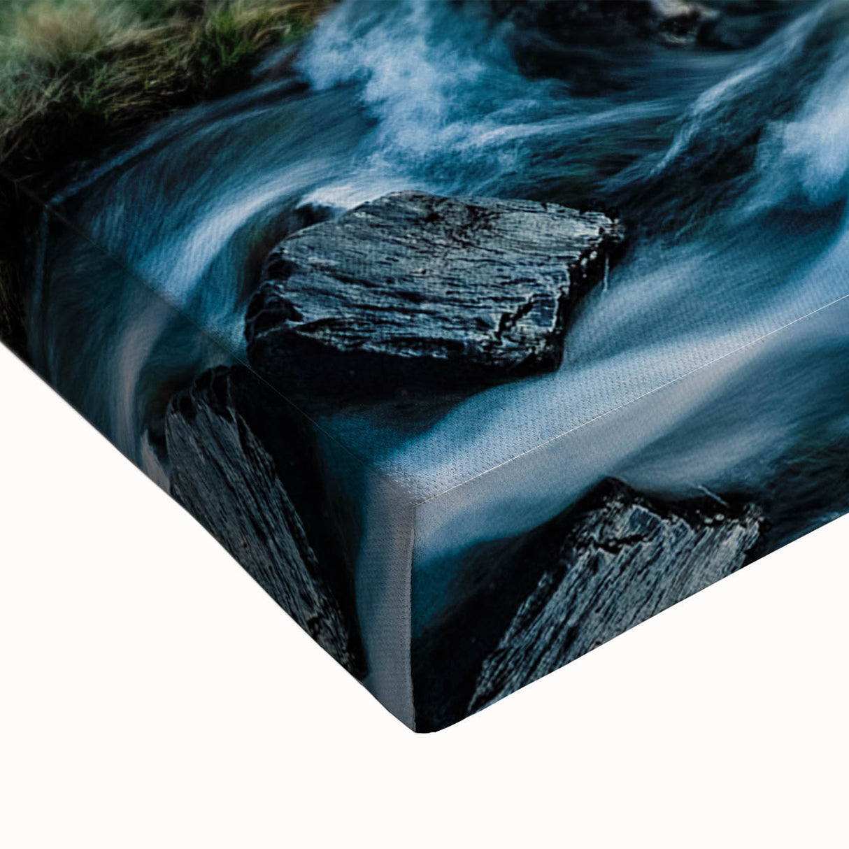 Large art depicting a black and white Welsh landscape on stretched canvas, suitable for bedroom wall placement.