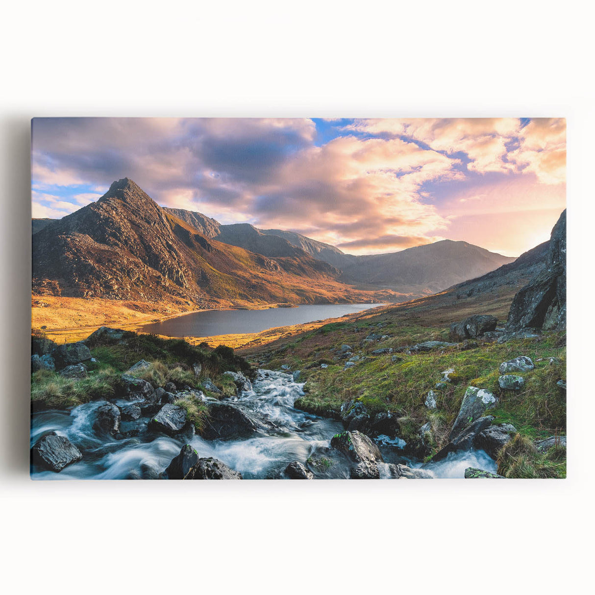 Black and white photograph of a serene Welsh landscape on large stretched canvas, suitable for kitchen wall art.
