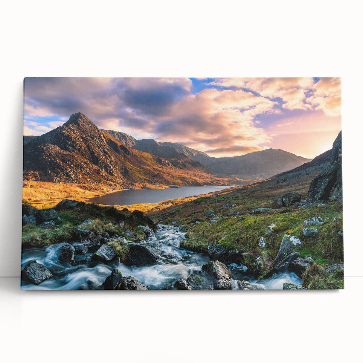Black and white photo of Welsh scenery on large stretched canvas, ideal for kitchen wall art or bedroom decor.