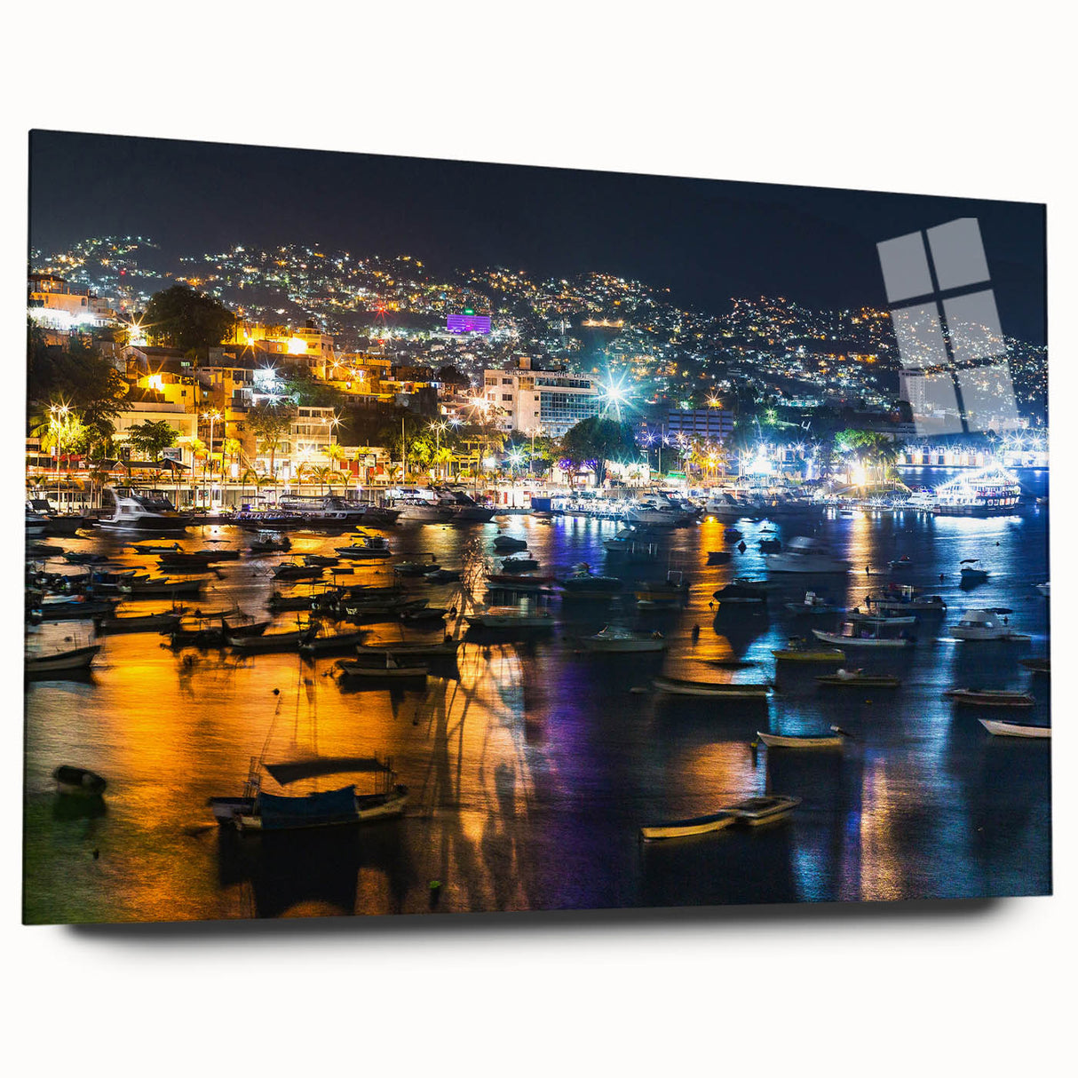 Large abstract wall art of Acapulco scenery in vibrant blue and green hues on acrylic glass.
