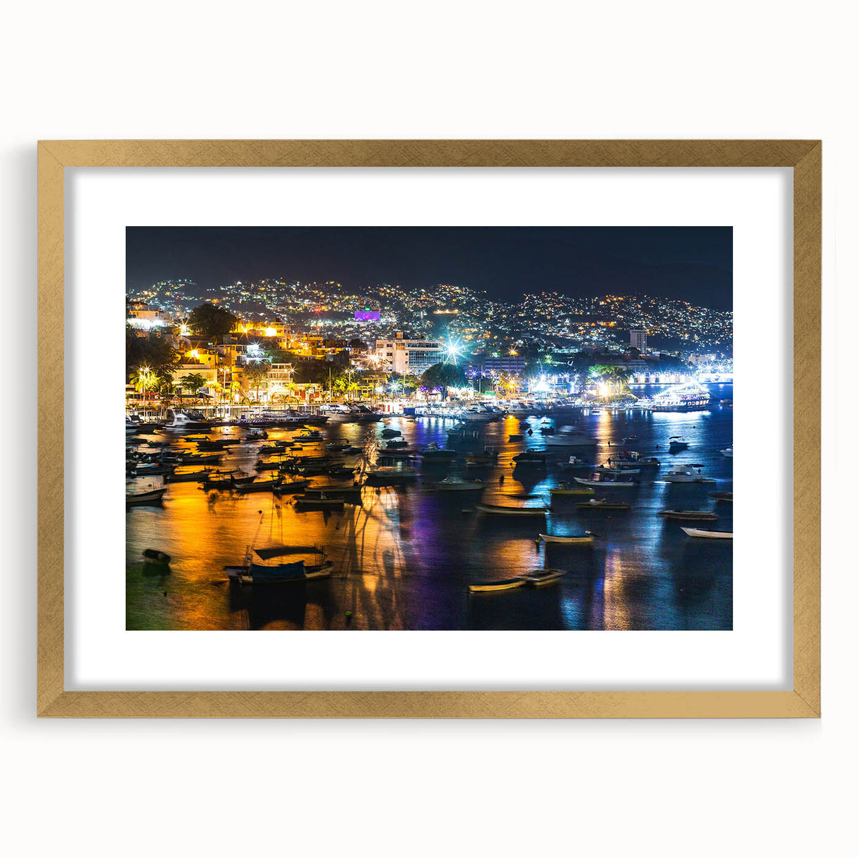 Mid-century modernist art of Acapulco scenery in gold frame, featuring vibrant ocean and sky tones.