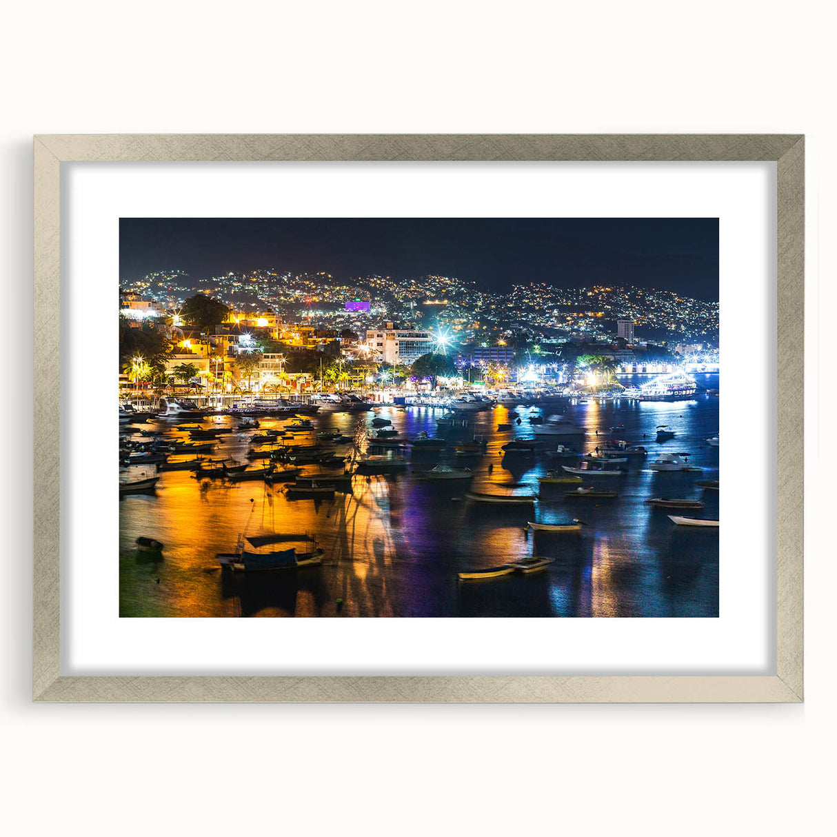 Mid-century modernist art of Acapulco scenery in silver frame, featuring vibrant primary colors.