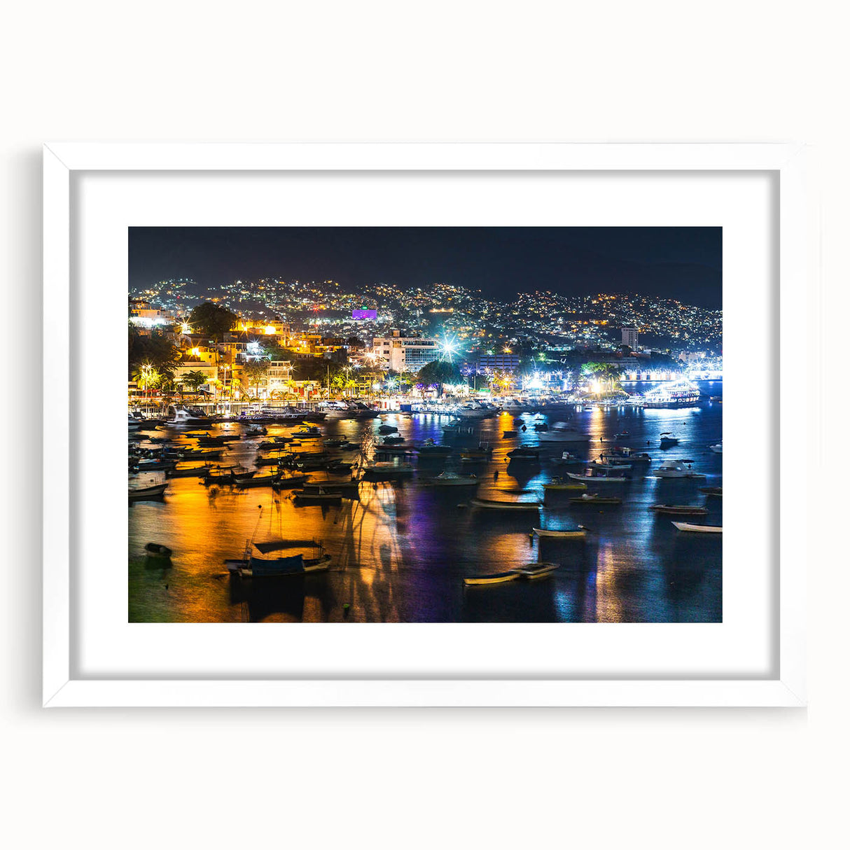 Art Deco poster of Acapulco scenery, featuring vibrant blue and pink hues on a white framed mat.