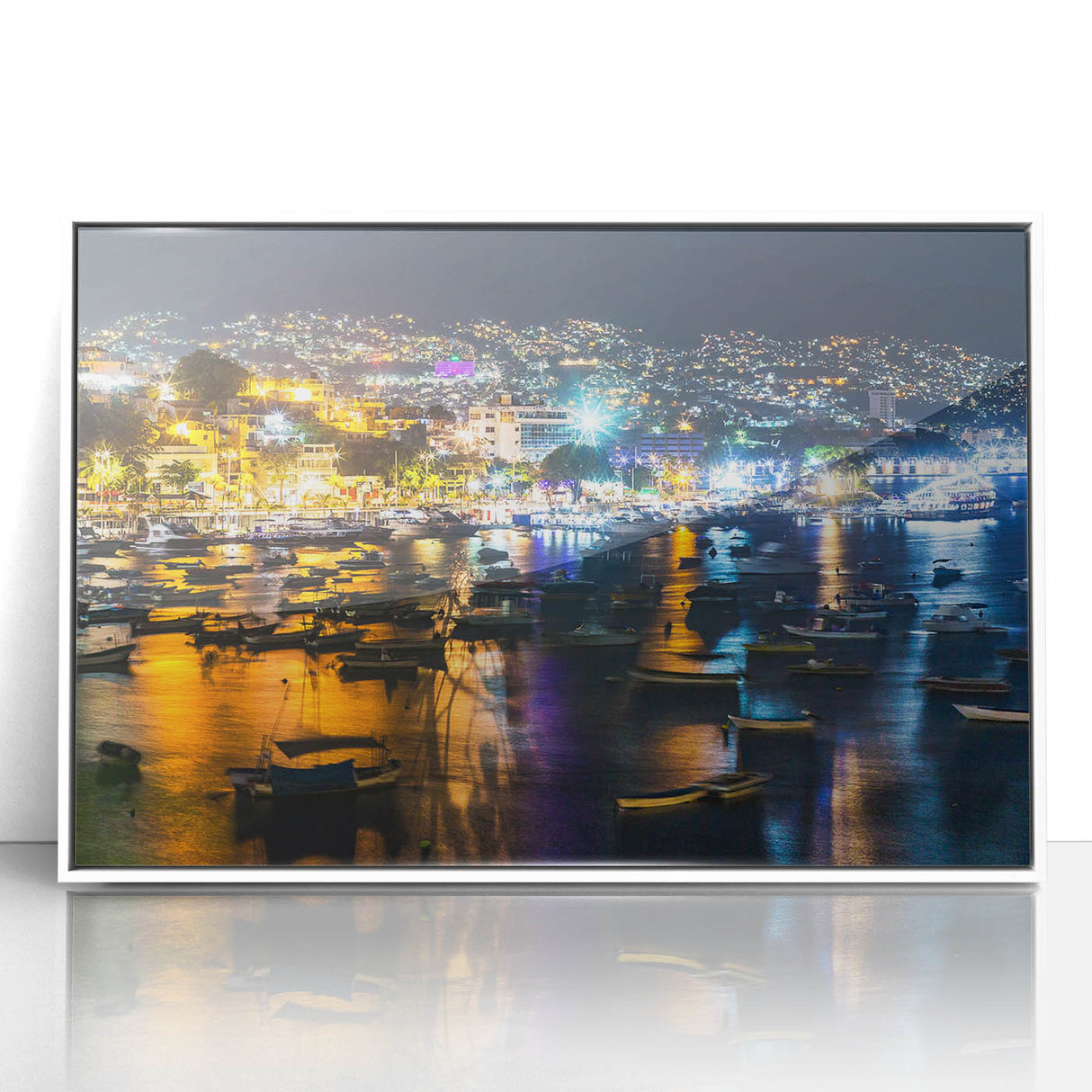Abstract art print of Acapulco scenery with vibrant blue and green tones on a white-framed acrylic.