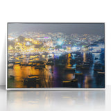 Abstract art print of Acapulco scenery with vibrant blue and green tones on a white-framed acrylic.