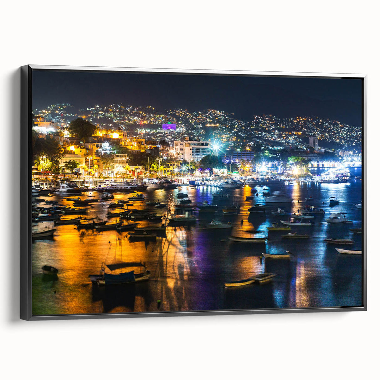 Black and white vintage poster art of Acapulco landscape on framed canvas, suitable for bedroom wall decor.