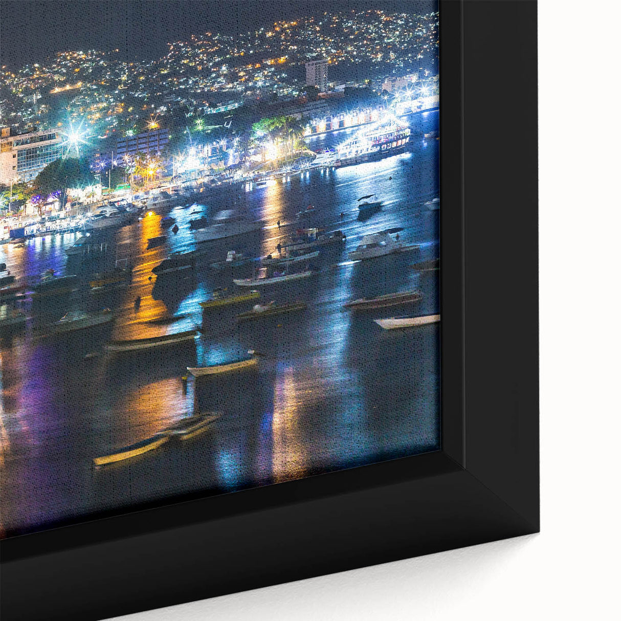 Extra large framed canvas depicting textured, colorful Acapulco scenery in a black wall art style.