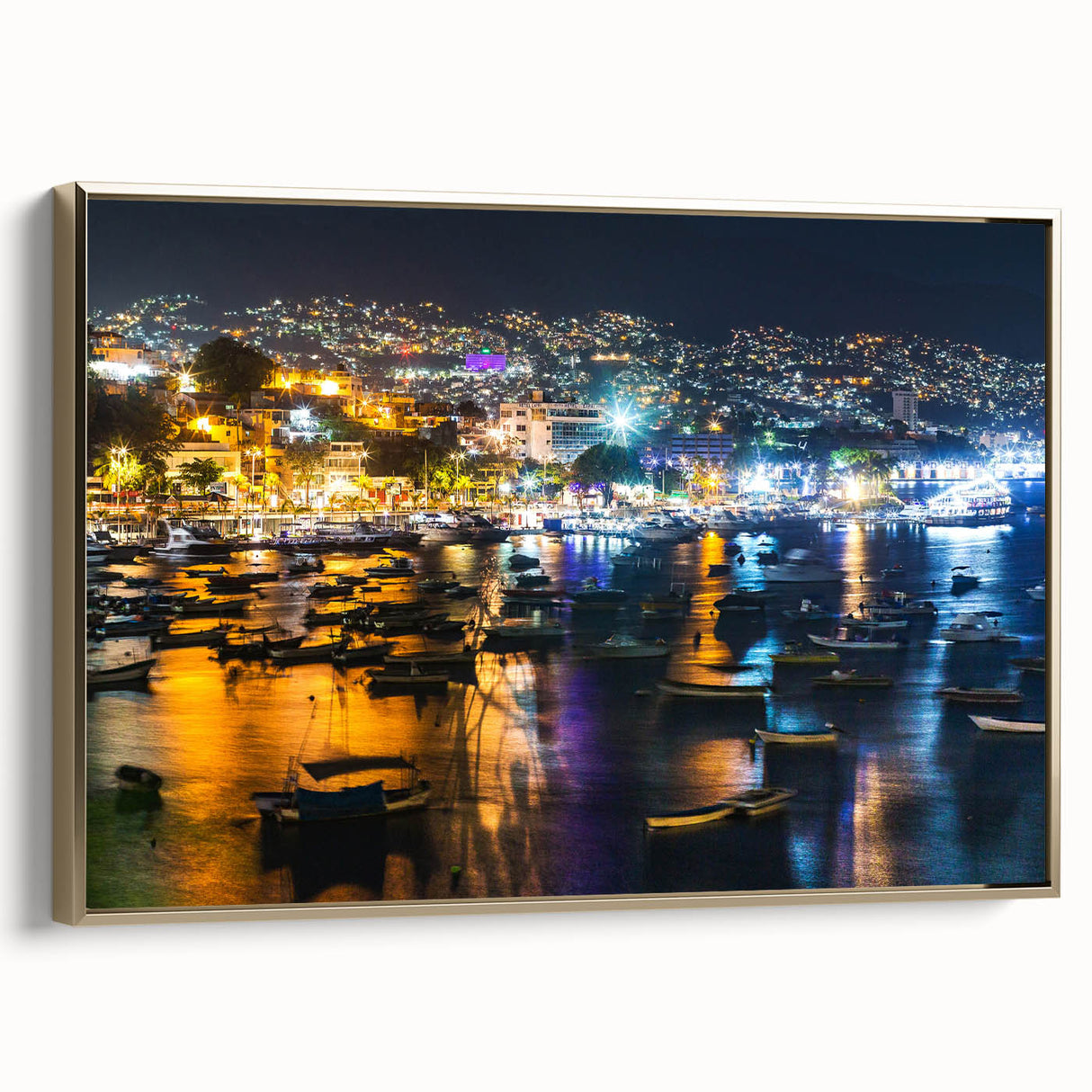 Framed canvas of a vintage Acapulco landscape painting in black and gold, ideal for bedroom wall art.