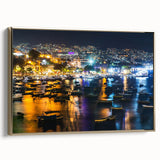 Framed canvas of a vintage Acapulco landscape painting in black and gold, ideal for bedroom wall art.
