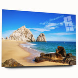 Large abstract wall art of Baja California scenery in muted earth tones on acrylic glass.