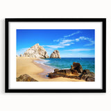 Extra large abstract art print of Baja California scenery in vibrant colors on a textured canvas, framed in black.