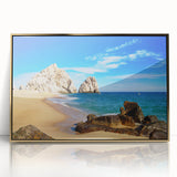 Large framed acrylic print of a mid-century modernist Baja California scenery in gold tones, ideal for modern art wall decor.