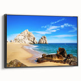 Black and white framed canvas featuring a vintage landscape of Baja California, ideal for bedroom wall decor.