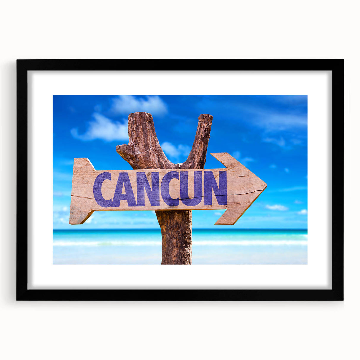 Extra large abstract art print of vibrant, colorful Cancun scenery on textured canvas, framed in black.