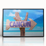 Large abstract wall art of Cancun scenery in black frame on acrylic, featuring mid-century modernist style.