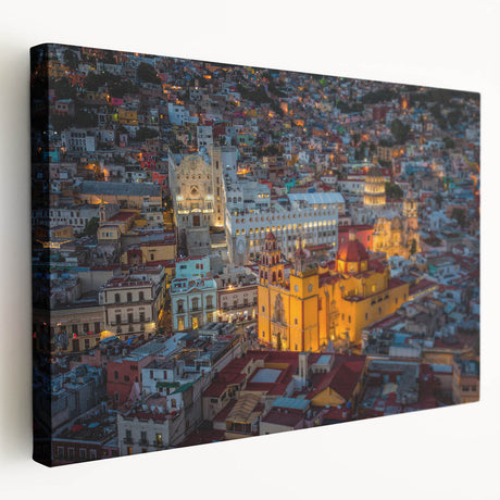 Large art print of Guanajuato, Mexico, featuring vibrant colors on stretched canvas, ideal for kitchen wall art.